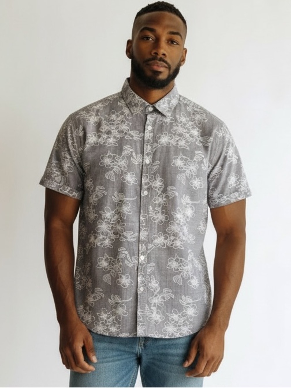 Denim & Flower Floral Shirt Mens XL Gray White Button Up Summer Aloha Casual - Picture 8 of 8